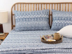 Kullu Patti Bed Set (Duvet Cover + Bedsheet) - Blue