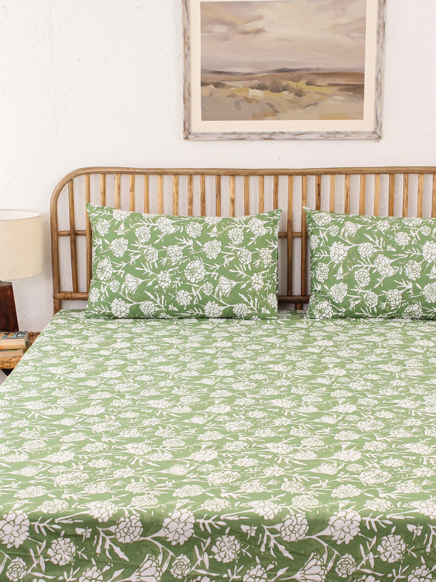 Genda Phool Bedsheet with Pillow Cover (Green) - 144 TC
