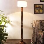 Off White & Black Cotton Drum Designer Fashionable Wooden Carving Floor Lamp for Home Decor (Off White & Black, Medium)