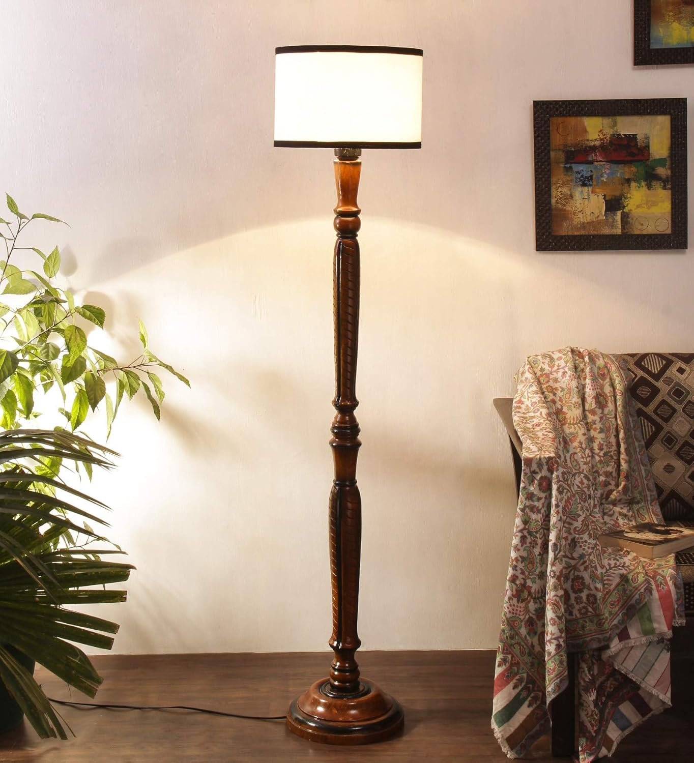 Off White & Black Cotton Drum Designer Fashionable Wooden Carving Floor Lamp for Home Decor (Off White & Black, Medium)