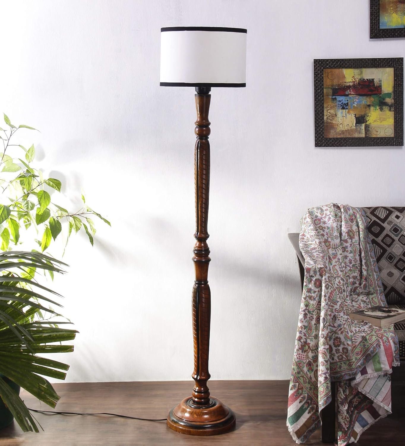 Off White & Black Cotton Drum Designer Fashionable Wooden Carving Floor Lamp for Home Decor (Off White & Black, Medium)