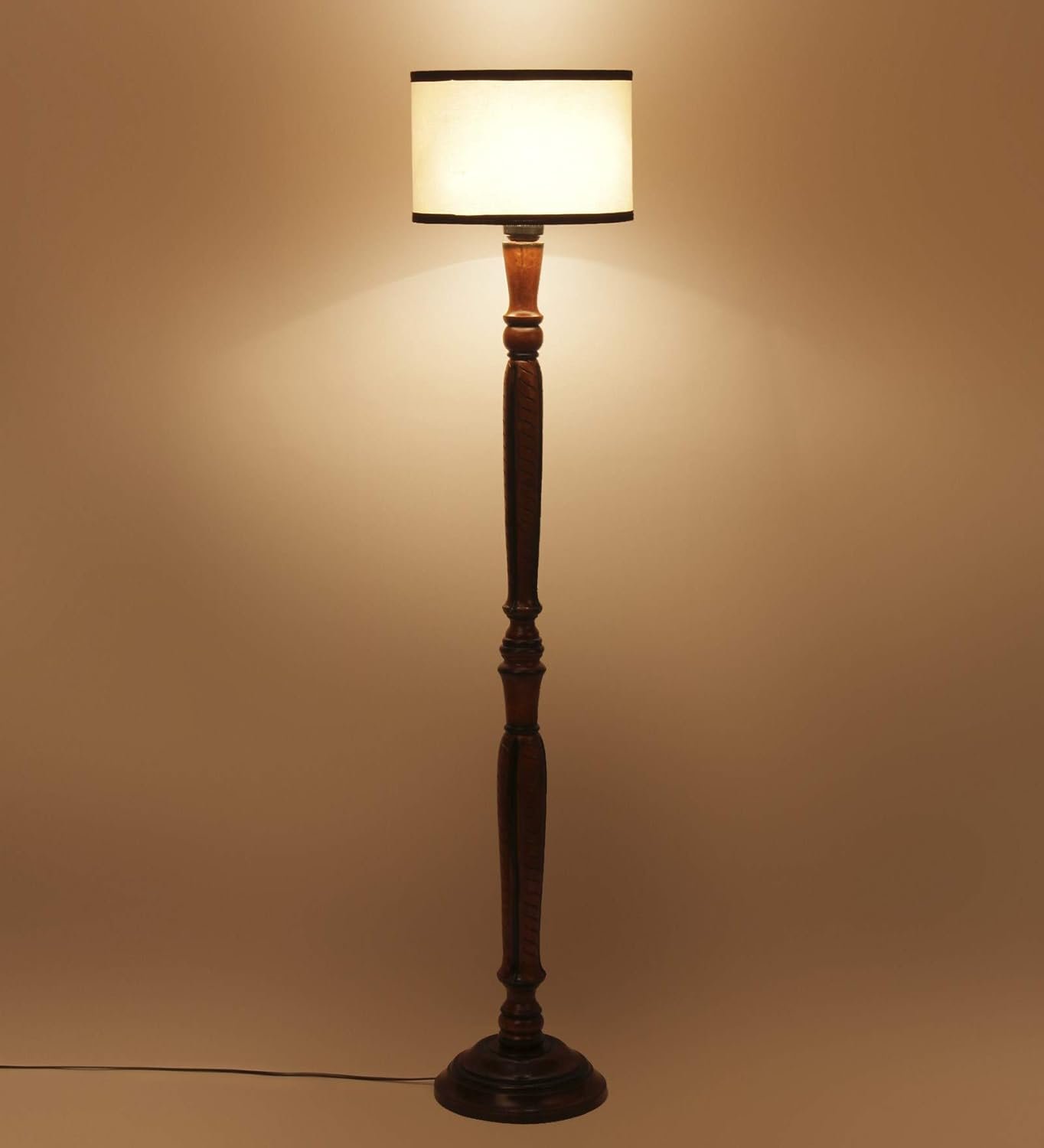Off White & Black Cotton Drum Designer Fashionable Wooden Carving Floor Lamp for Home Decor (Off White & Black, Medium)