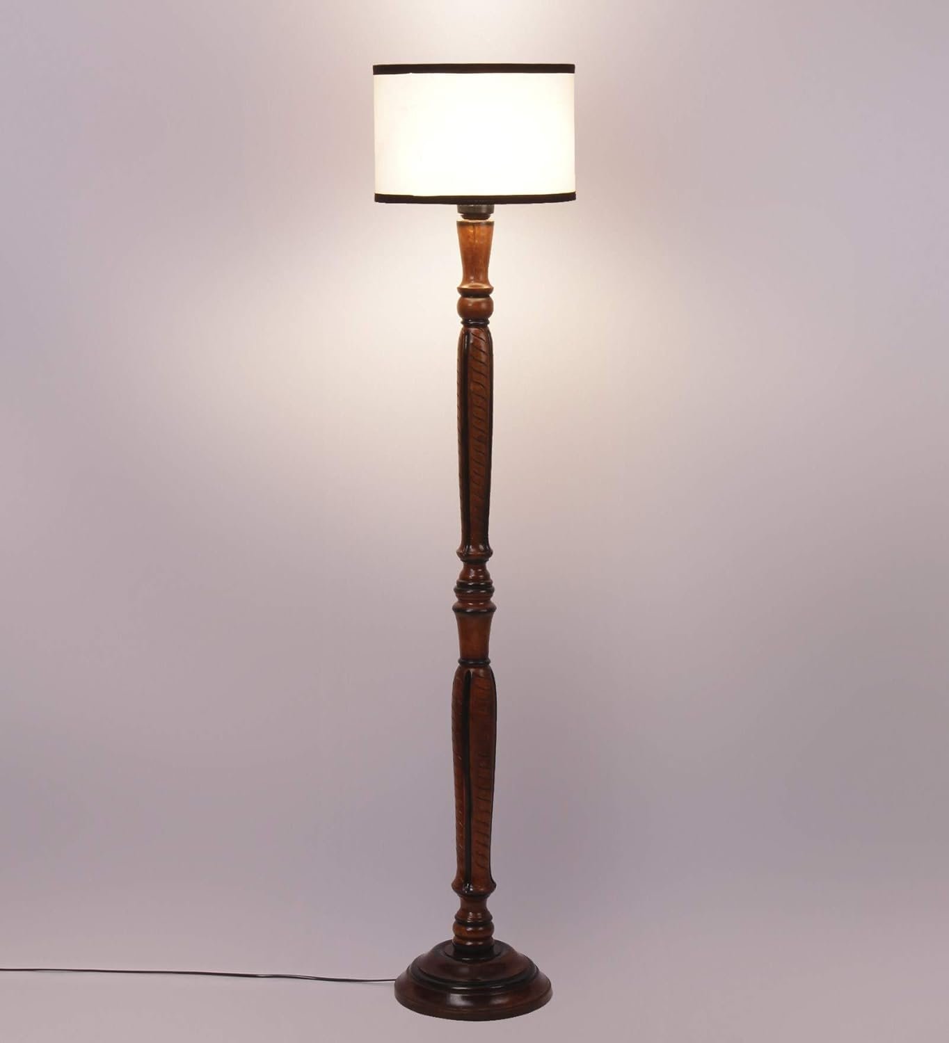 Off White & Black Cotton Drum Designer Fashionable Wooden Carving Floor Lamp for Home Decor (Off White & Black, Medium)