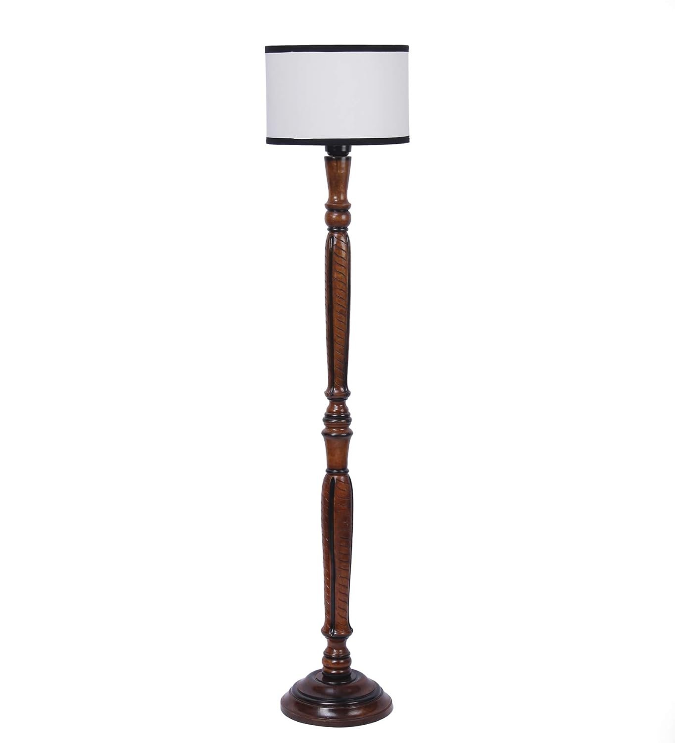 Off White & Black Cotton Drum Designer Fashionable Wooden Carving Floor Lamp for Home Decor (Off White & Black, Medium)