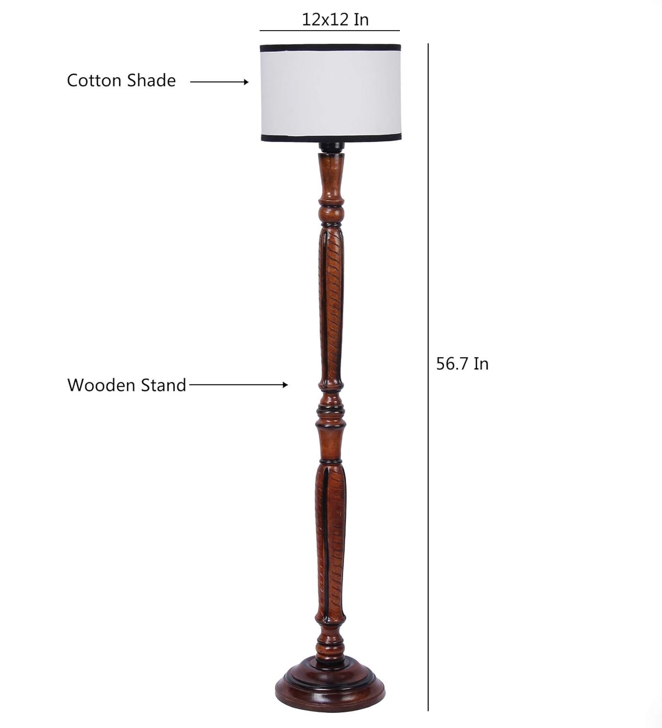 Off White & Black Cotton Drum Designer Fashionable Wooden Carving Floor Lamp for Home Decor (Off White & Black, Medium)