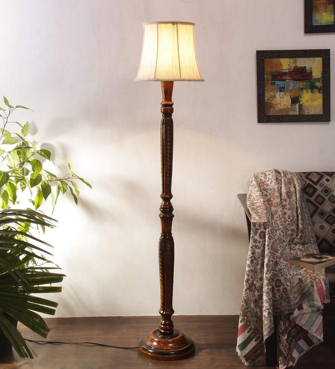 Off White Cotton Cylindrical Drum Designer Fashionable Wooden Carving Floor Lamp for Home Decor (Off White, Medium)