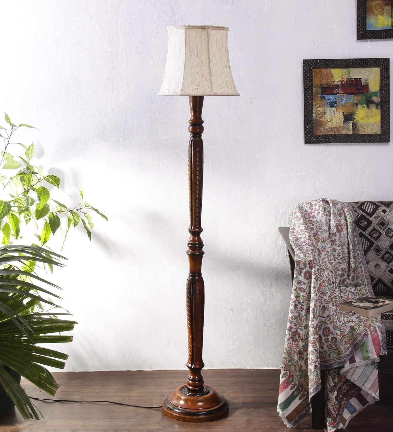 Off White Cotton Cylindrical Drum Designer Fashionable Wooden Carving Floor Lamp for Home Decor (Off White, Medium)