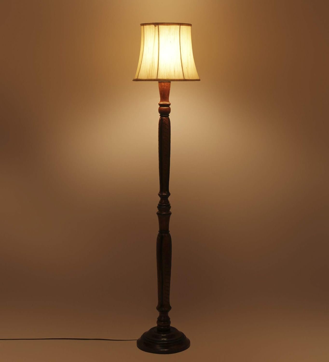 Off White Cotton Cylindrical Drum Designer Fashionable Wooden Carving Floor Lamp for Home Decor (Off White, Medium)