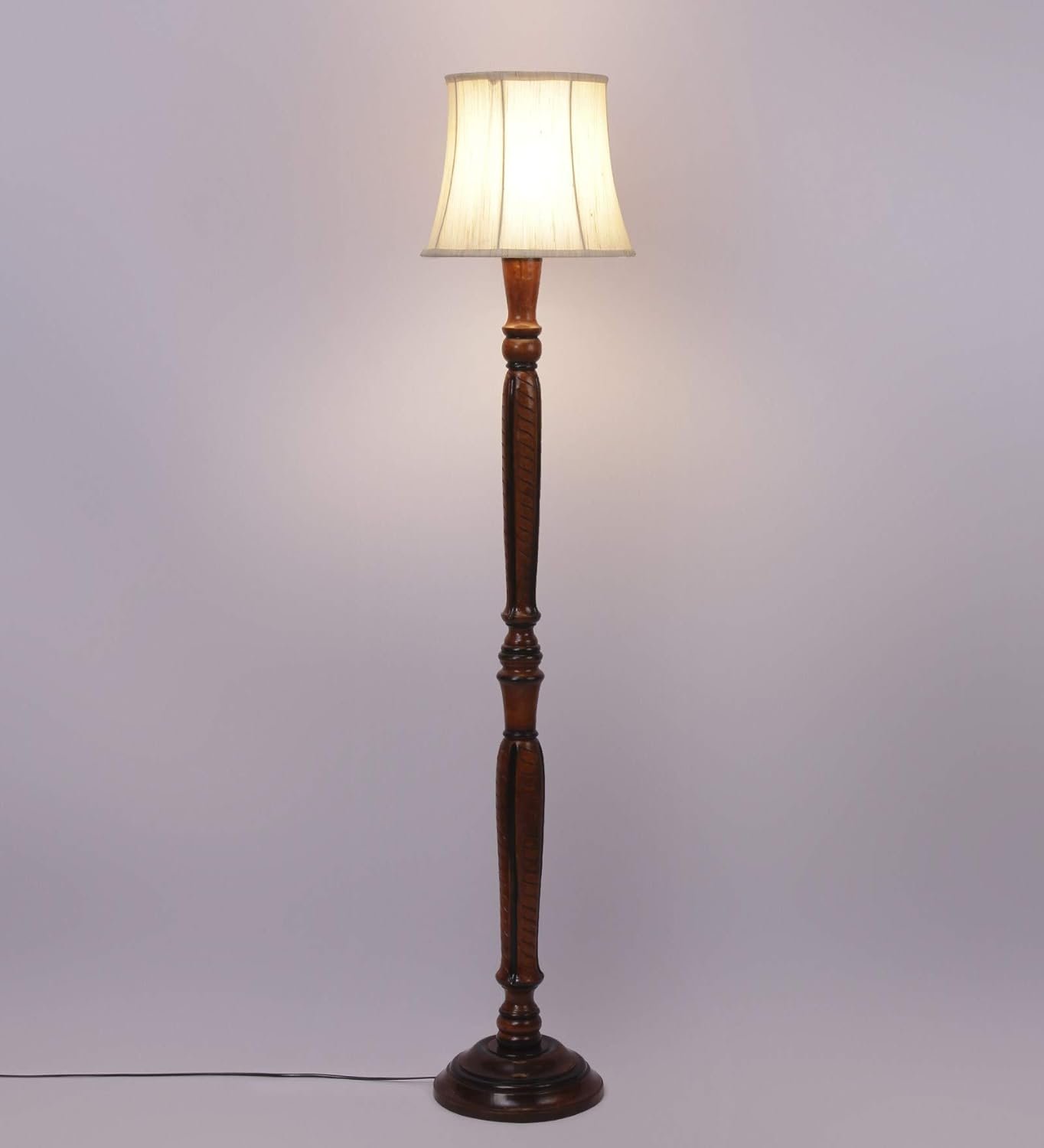 Off White Cotton Cylindrical Drum Designer Fashionable Wooden Carving Floor Lamp for Home Decor (Off White, Medium)