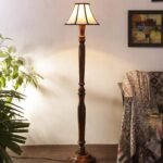 Cotton Drum Designer Fashionable Wooden Carving Floor Lamp for Home Decor (Off White& Brown, Medium)