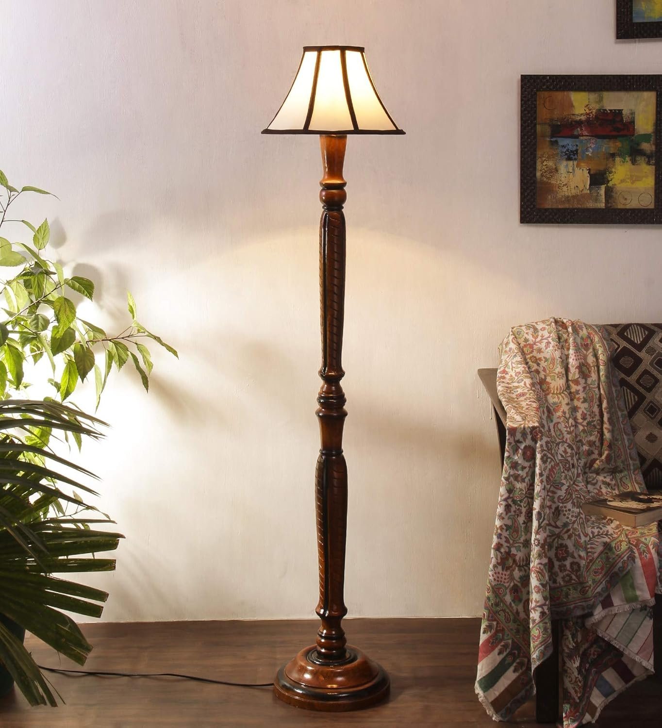 Cotton Drum Designer Fashionable Wooden Carving Floor Lamp for Home Decor (Off White& Brown, Medium)