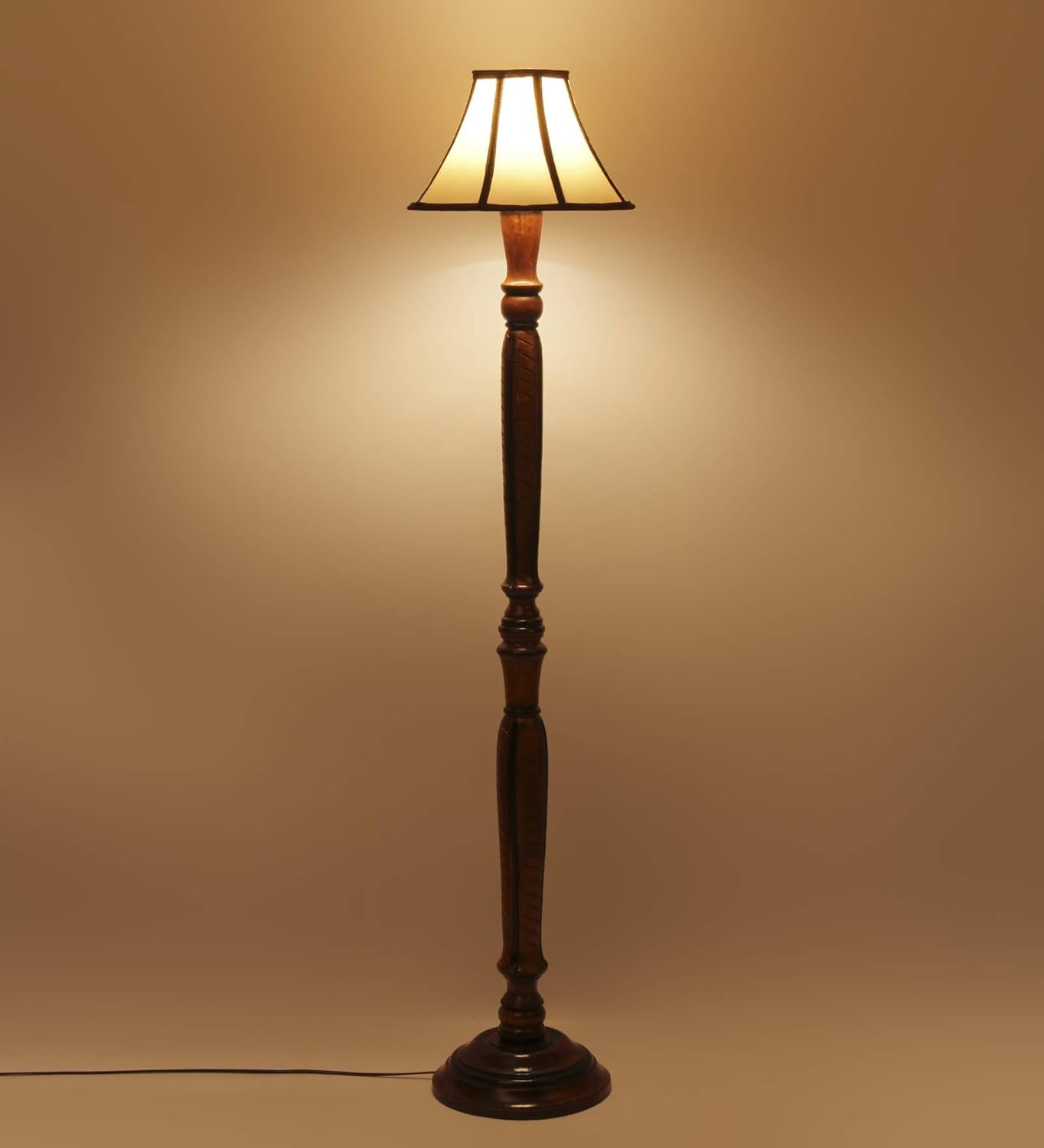 Cotton Drum Designer Fashionable Wooden Carving Floor Lamp for Home Decor (Off White& Brown, Medium)