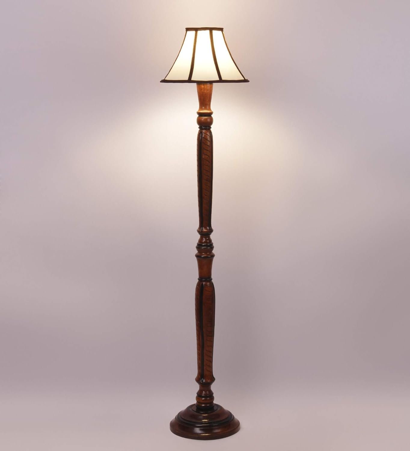 Cotton Drum Designer Fashionable Wooden Carving Floor Lamp for Home Decor (Off White& Brown, Medium)