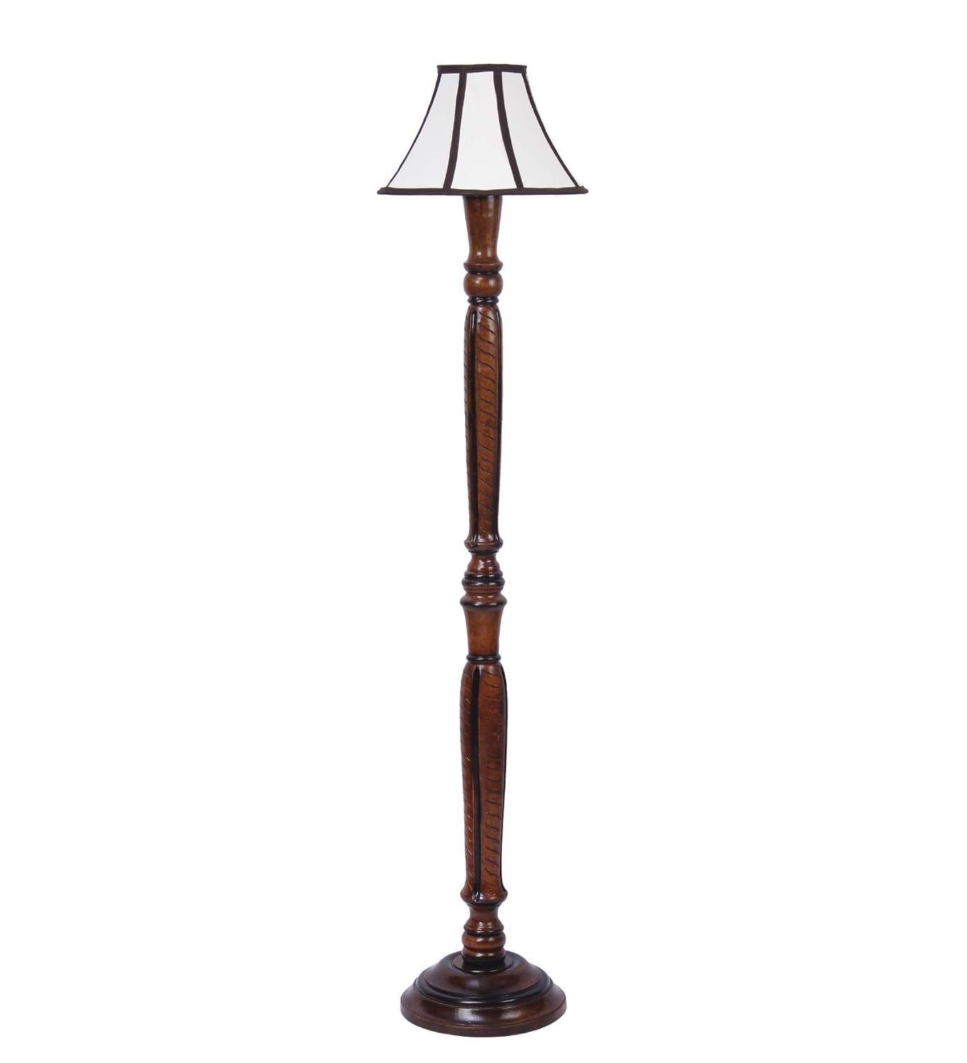 Cotton Drum Designer Fashionable Wooden Carving Floor Lamp for Home Decor (Off White& Brown, Medium)