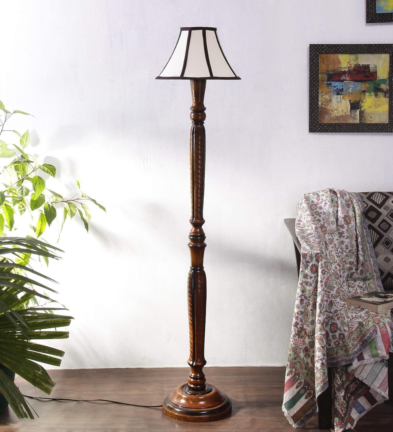 Cotton Drum Designer Fashionable Wooden Carving Floor Lamp for Home Decor (Off White& Brown, Medium)