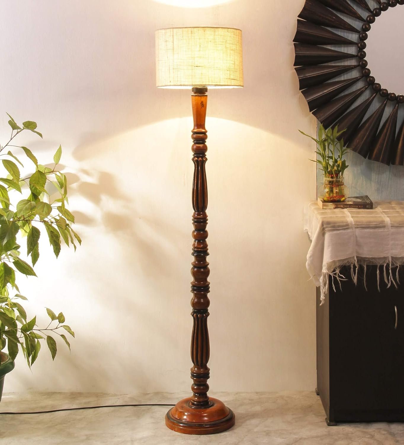 Off White Jute Drum Designer Fashionable Wooden Floor Lamp for Home Decor (Off White, Medium)