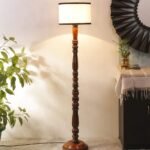 Off White & Black Cotton Drum Designer Fashionable Wooden Floor Lamp for Home Decor (Off White & Black, Medium)