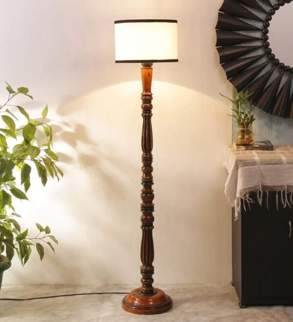 Off White & Black Cotton Drum Designer Fashionable Wooden Floor Lamp for Home Decor (Off White & Black, Medium)