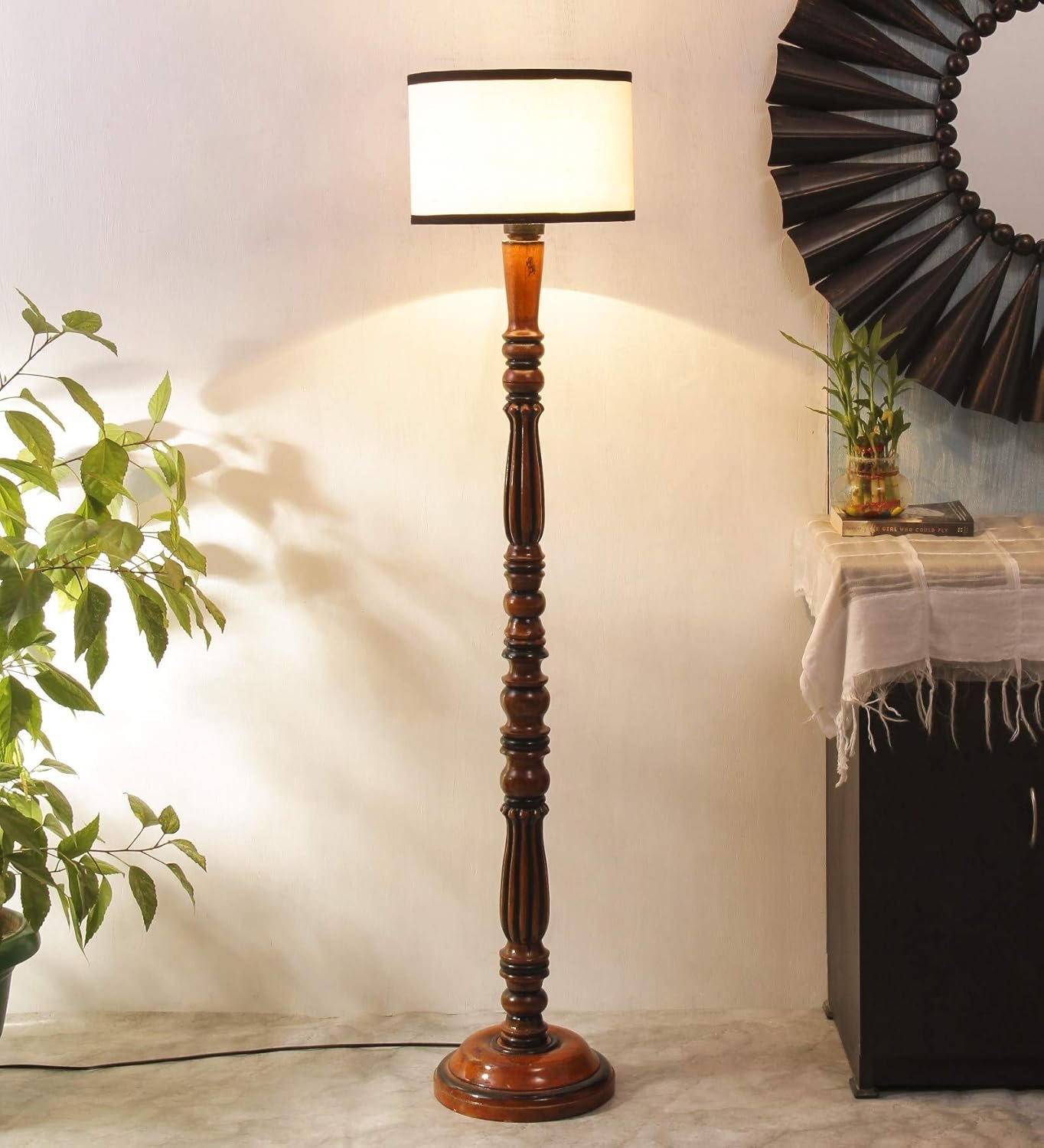Off White & Black Cotton Drum Designer Fashionable Wooden Floor Lamp for Home Decor (Off White & Black, Medium)