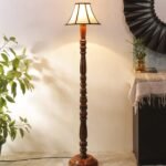 Cotton Drum Designer Fashionable Wooden Floor Lamp for Home Decor (Off White& Brown, Medium)