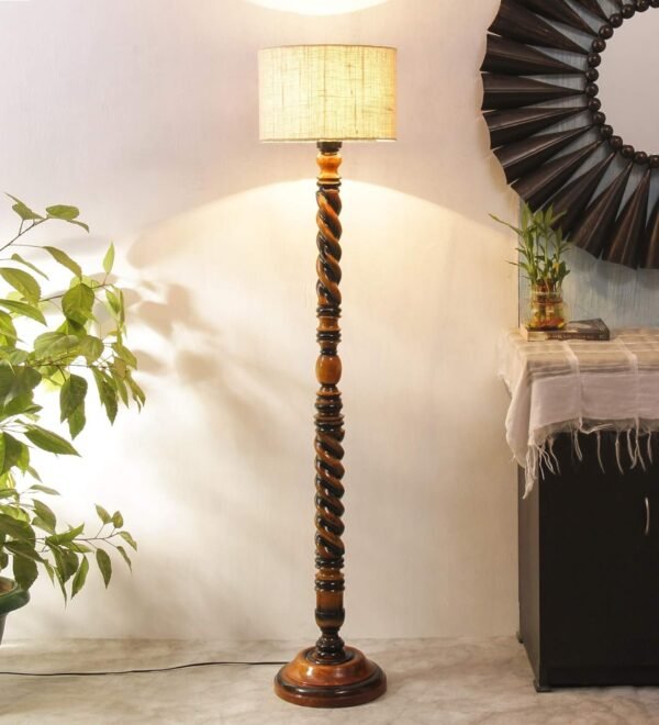 Off White Jute Drum Designer Fashionable Wooden Floor Lamp for Home Decor (Off White, Medium)