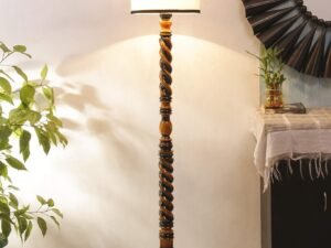 Off White & Black Cotton Drum Designer Fashionable Wooden Floor Lamp for Home Decor (Off White & Black, Medium)