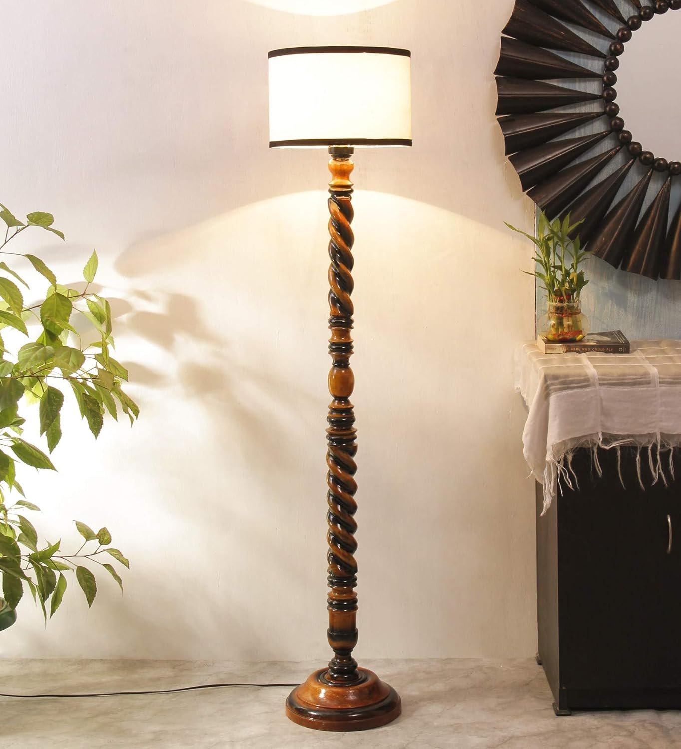 Off White & Black Cotton Drum Designer Fashionable Wooden Floor Lamp for Home Decor (Off White & Black, Medium)