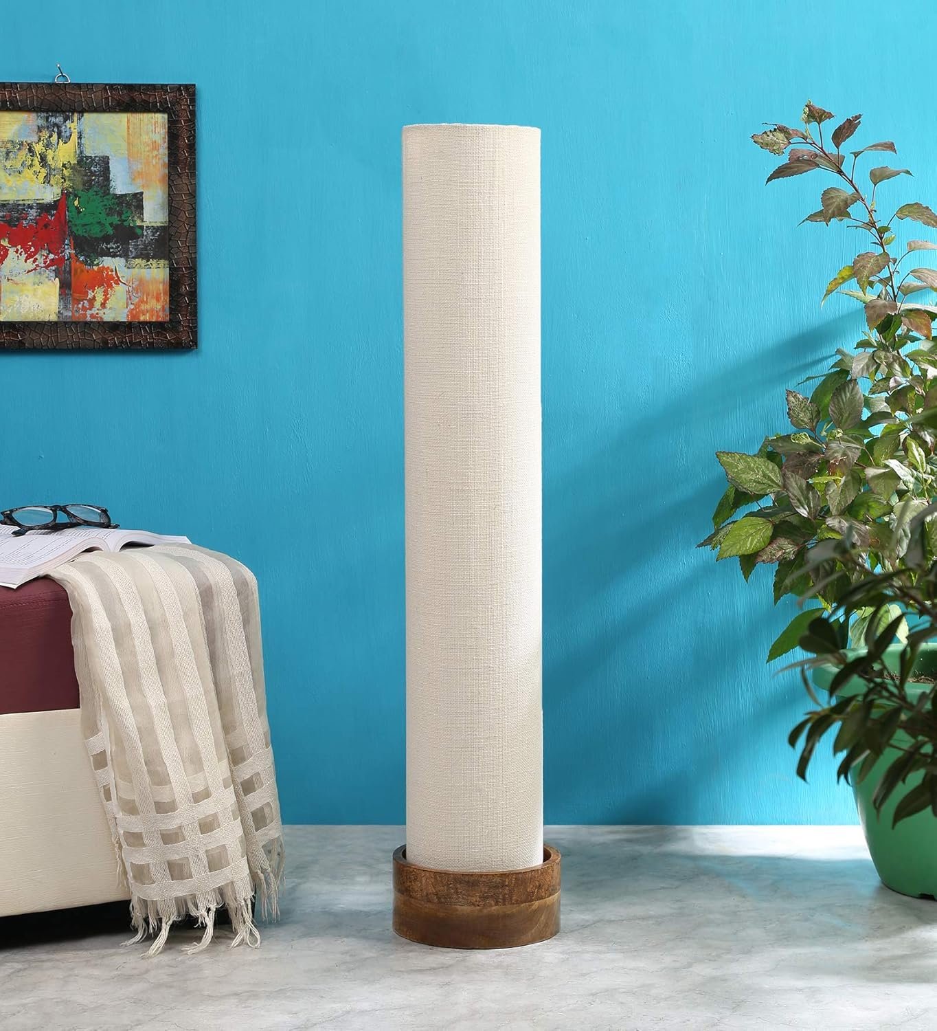 White Jute Round Natural Wood Floor Lamps (White, Jute)