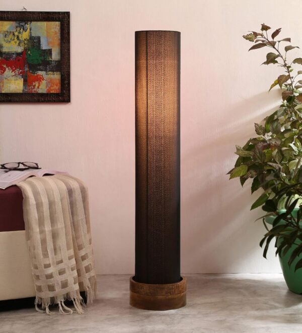 Black Round Cotton Natural Wood Floor Lamps (Black,Cotton)