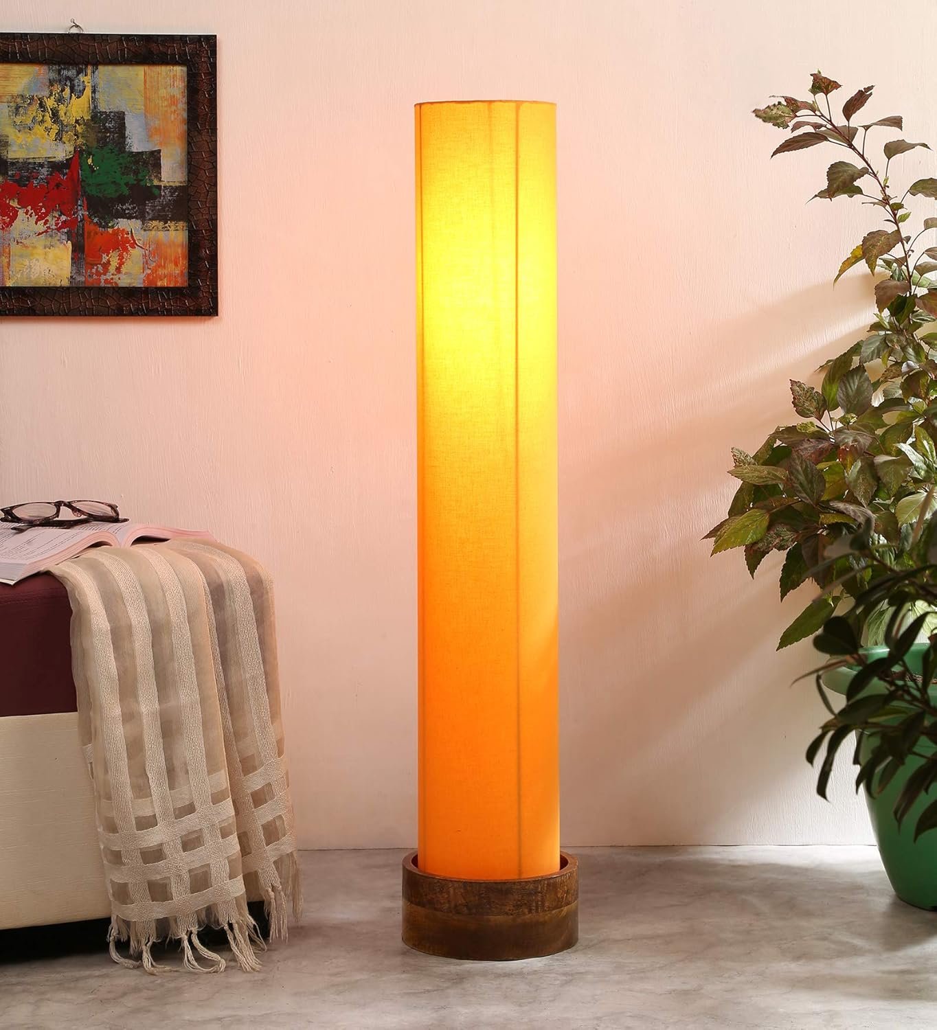 Yellow Round Cotton Natural Wood Floor Lamps (Yellow,Cotton)