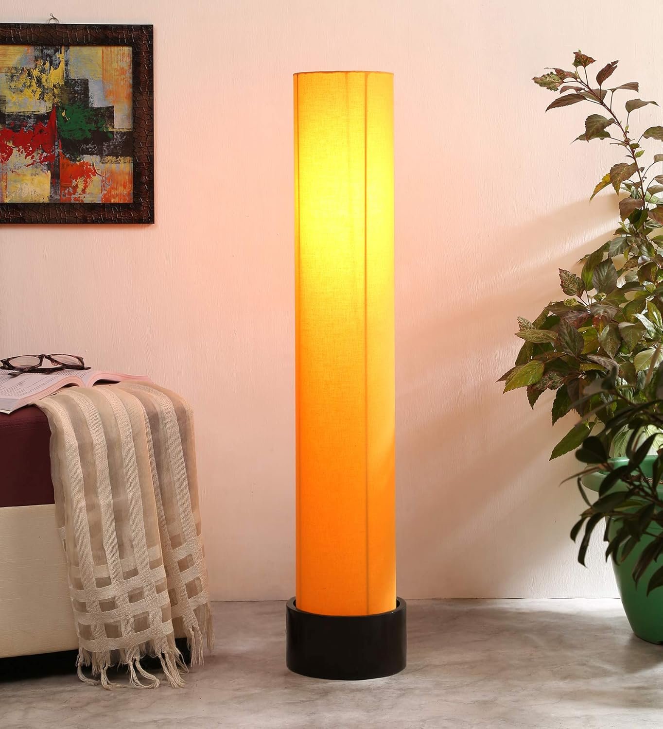 Yellow Round Cotton Brown Wood Floor Lamps (Yellow,Cotton)