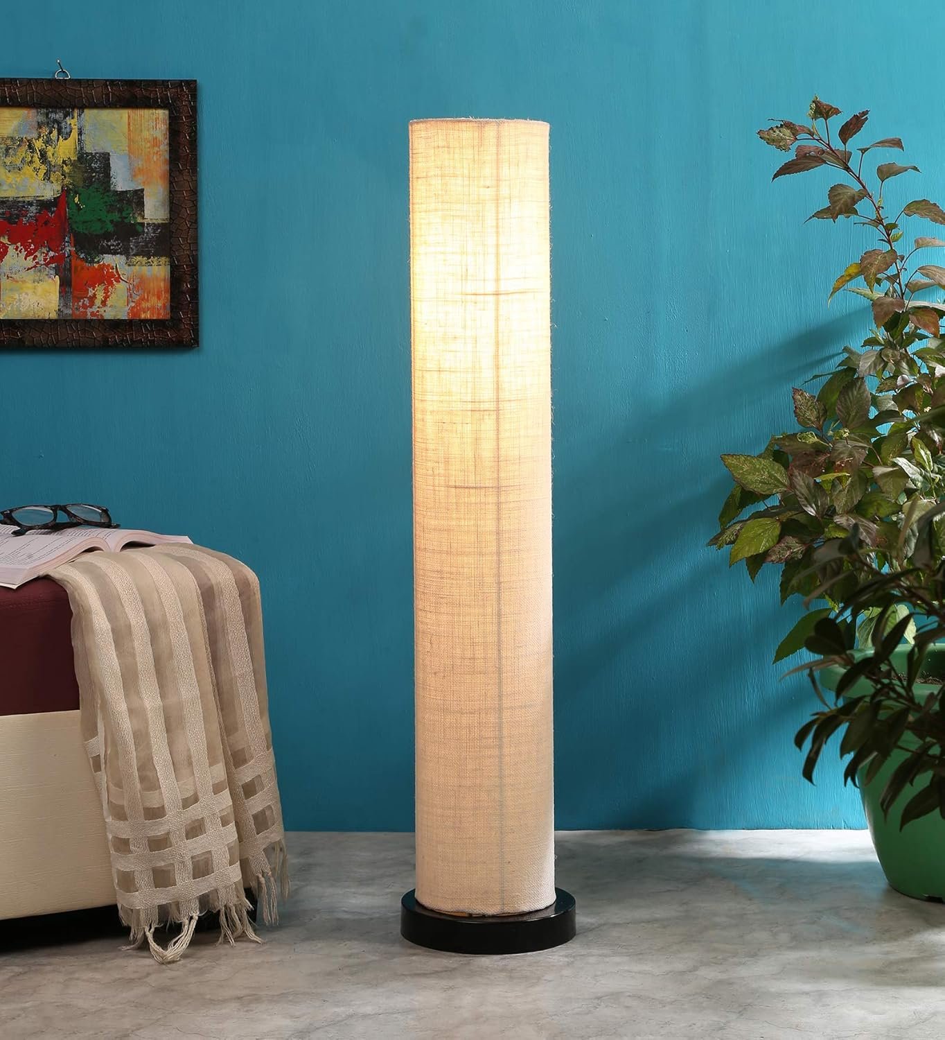White Jute Round Iron Floor Lamps (White, Jute)