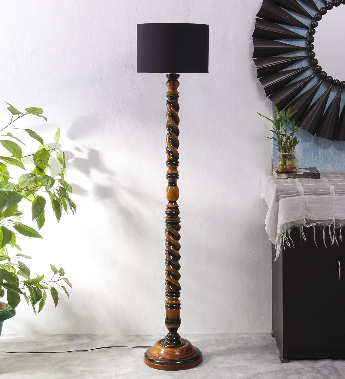 Black Cotton Drum Wooden Floor Lamp -2-(12x56.7inches) -Closed Snake