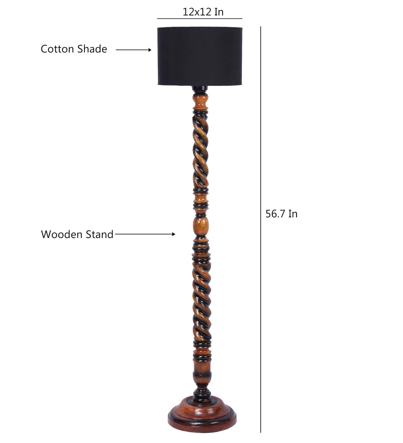 Black Cotton Drum Wooden Floor Lamp -2-(12x56.7inches) -Closed Snake