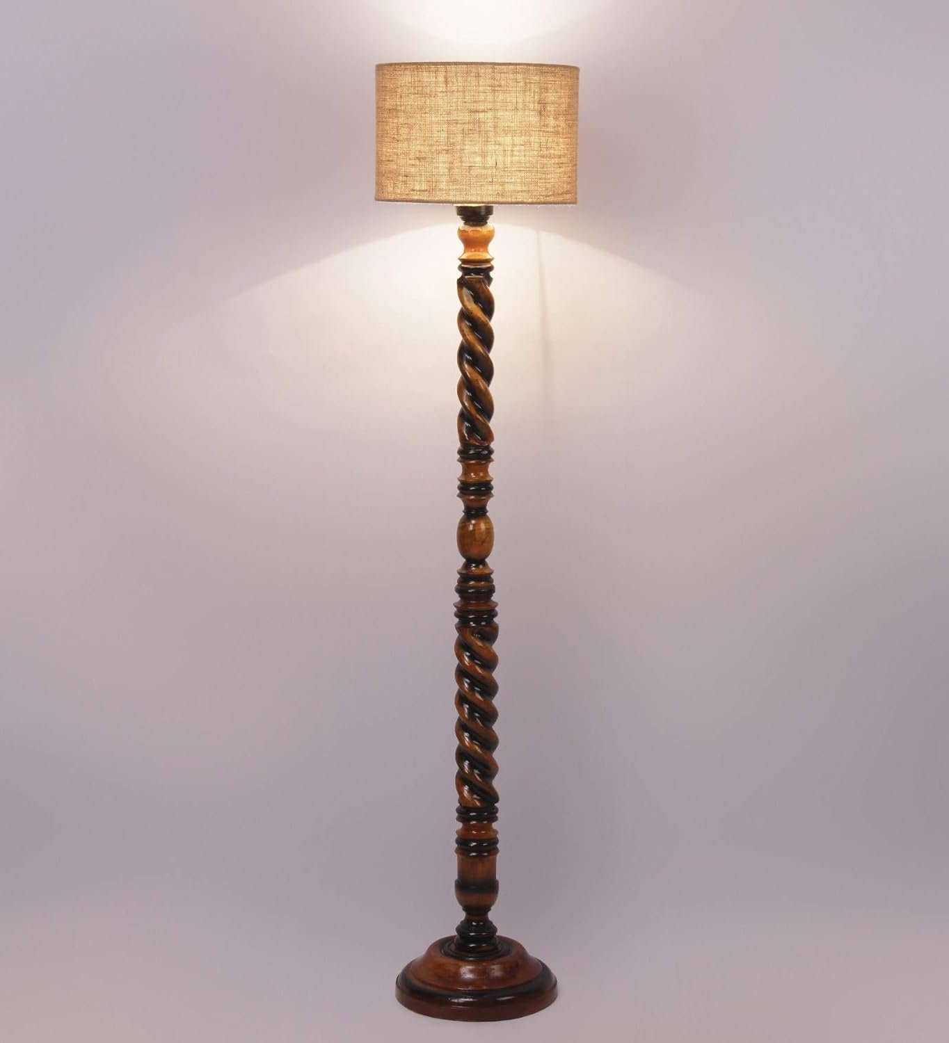 Beige Jute Drum Wooden Floor Lamp -8-(12x56.7inches) -Closed Snake