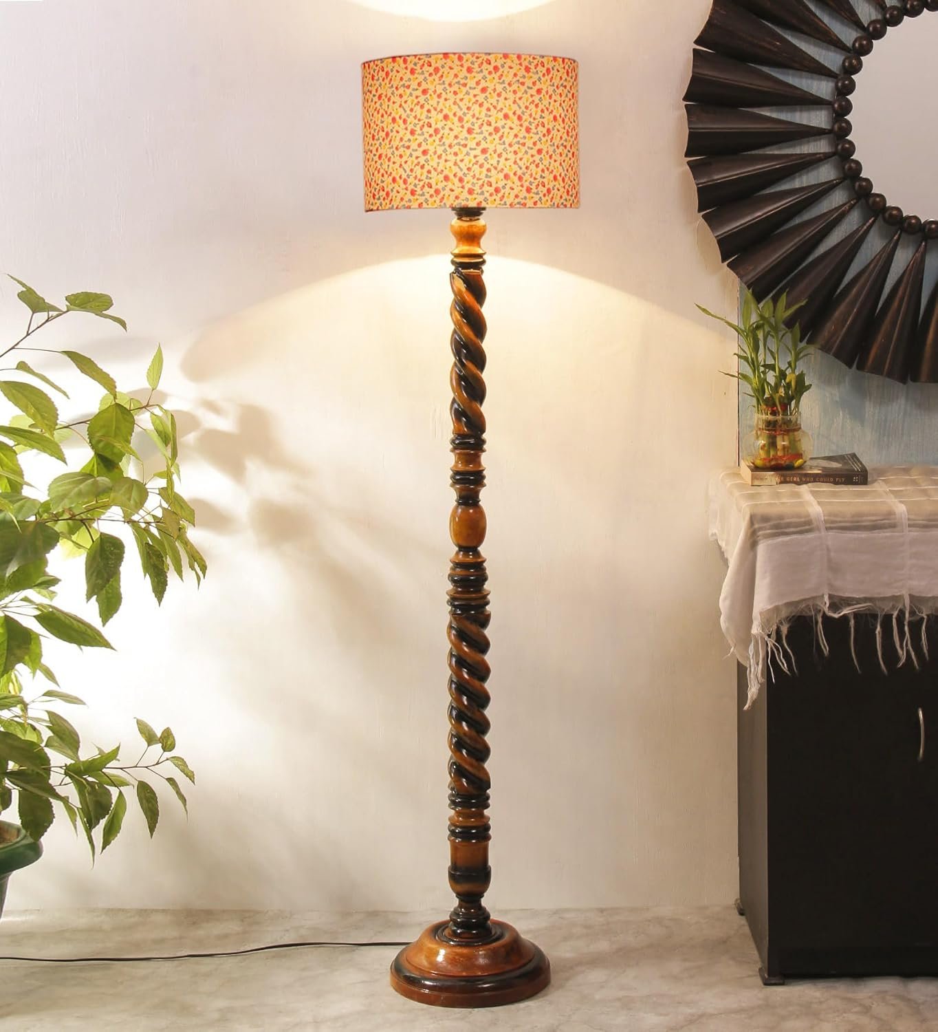 Printed Cotton Drum Wooden Floor Lamp -15 (12x56.7inches) -Closed Snake