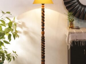 Yellow Cotton Conical Wooden Floor Lamp -24-(14x55.75inches) -Closed Snake