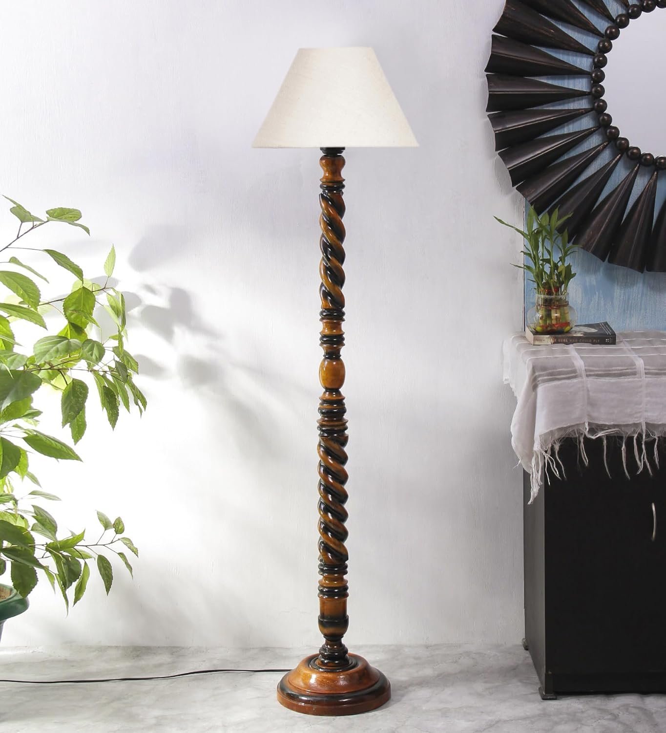 White Jute Conical Wooden Floor Lamp -28-(14x55.75inches) -Closed Snake