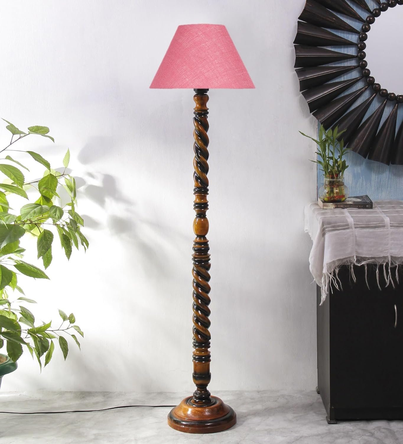 Pink Jute Conical Wooden Floor Lamp -29-(14x55.75inches) -Closed Snake