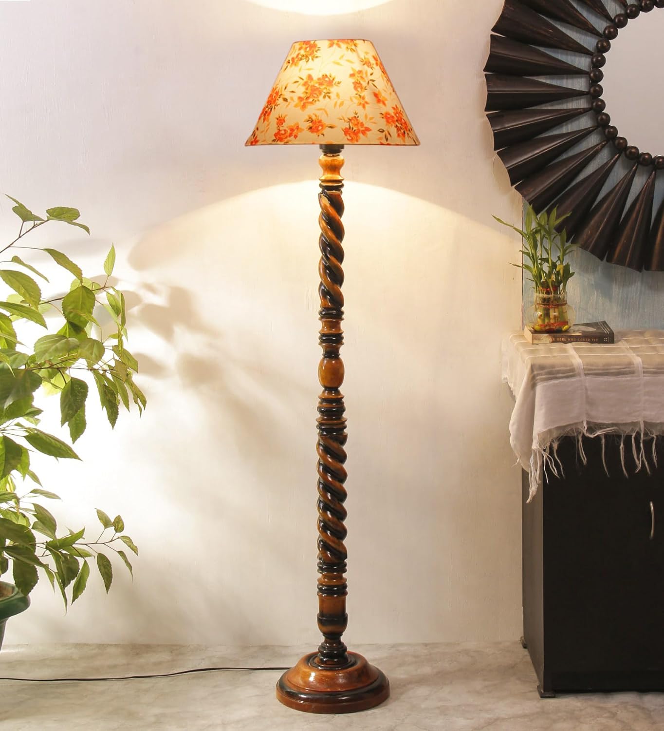 Printed Cotton Conical Wooden Floor Lamp -33-(14x55.75inches) -Closed Snake
