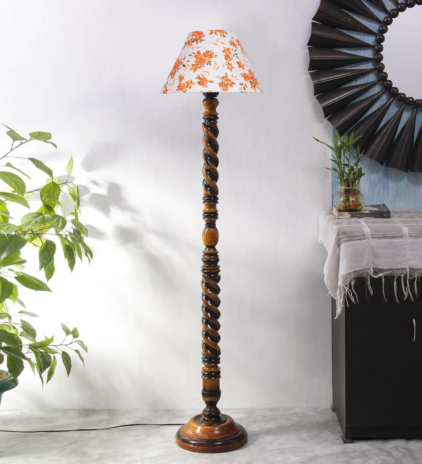 Printed Cotton Conical Wooden Floor Lamp -33-(14x55.75inches) -Closed Snake