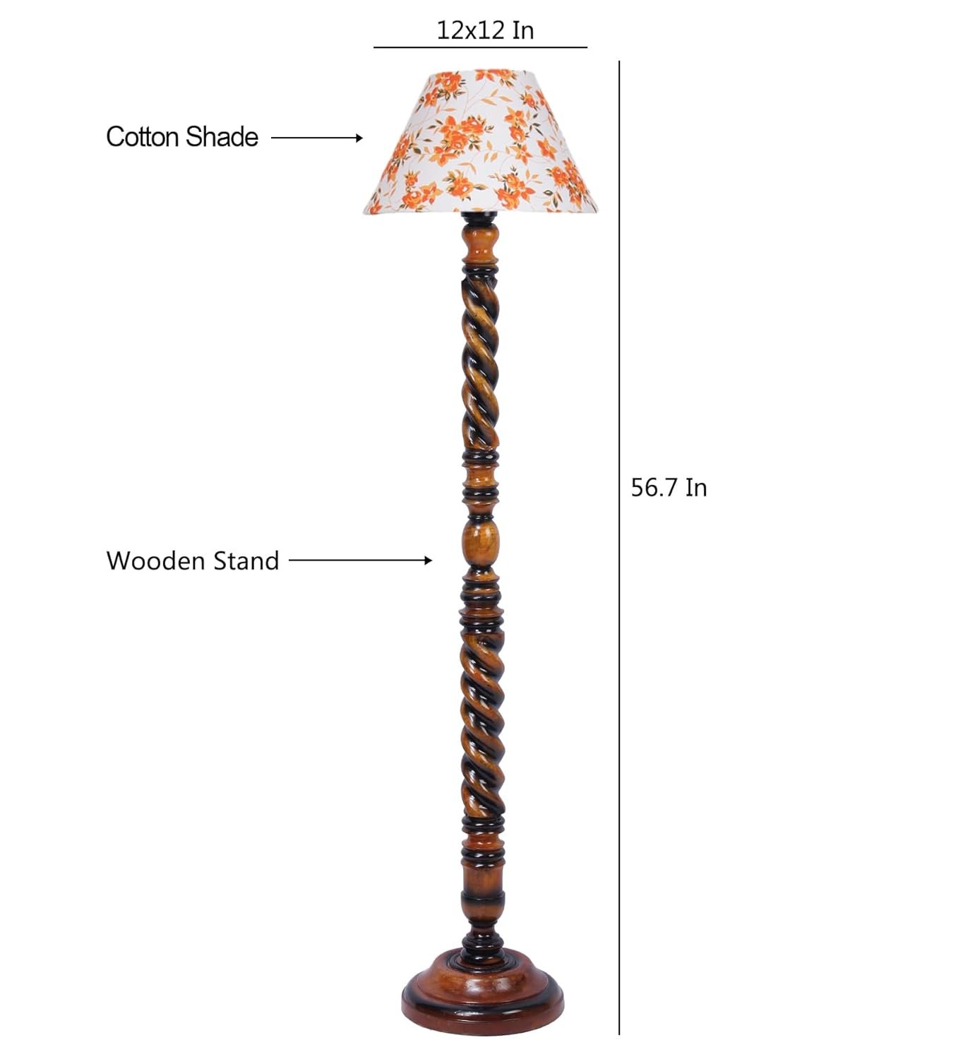 Printed Cotton Conical Wooden Floor Lamp -33-(14x55.75inches) -Closed Snake