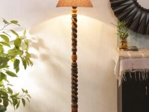 Printed Cotton Conical Wooden Floor Lamp -34(14x55.75inches) -Closed Snake