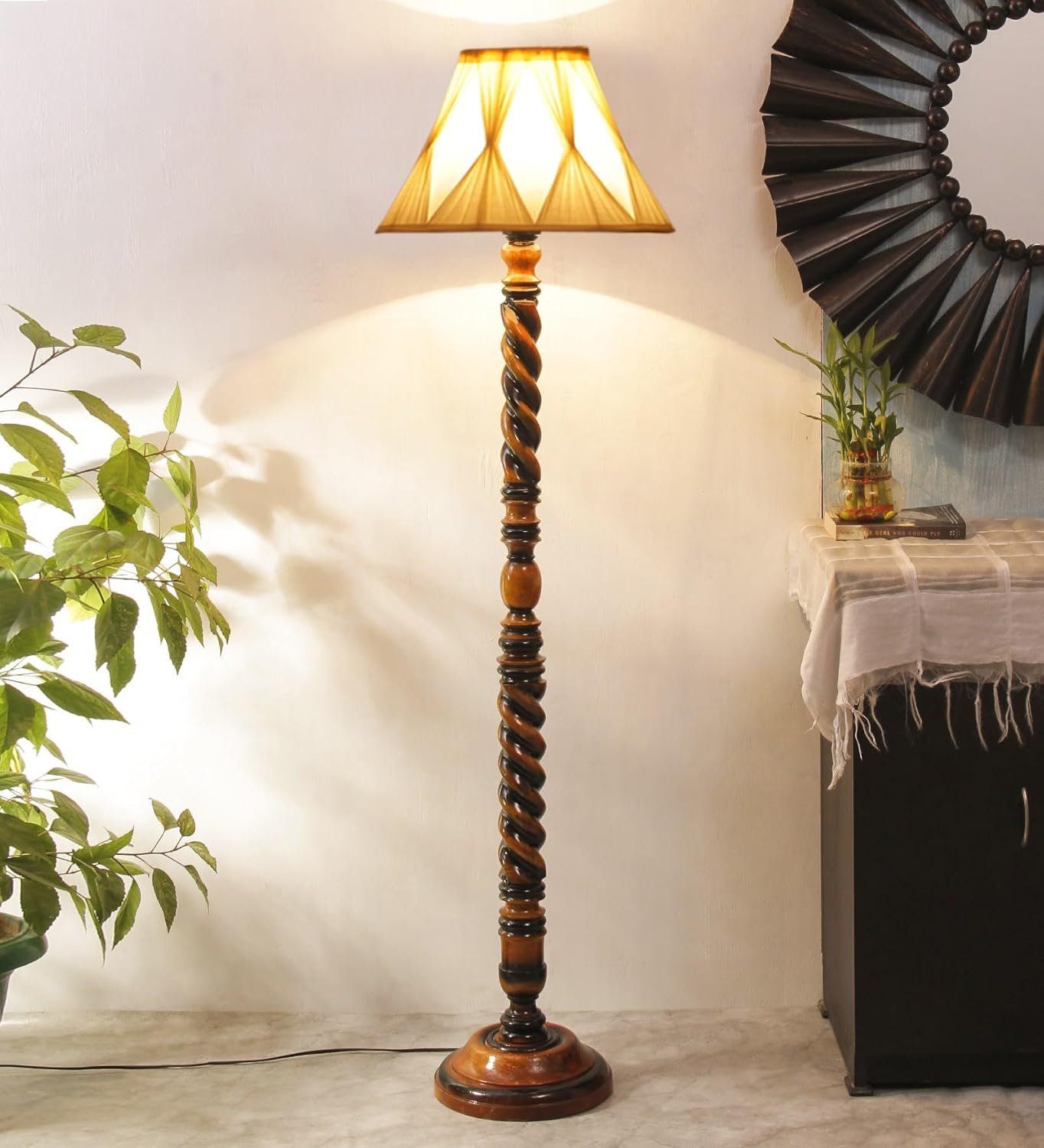 Vintage Cotton Curtain Pleated Shade Wood Floor Lamp -40(12x54.8inches)-Closed Snake
