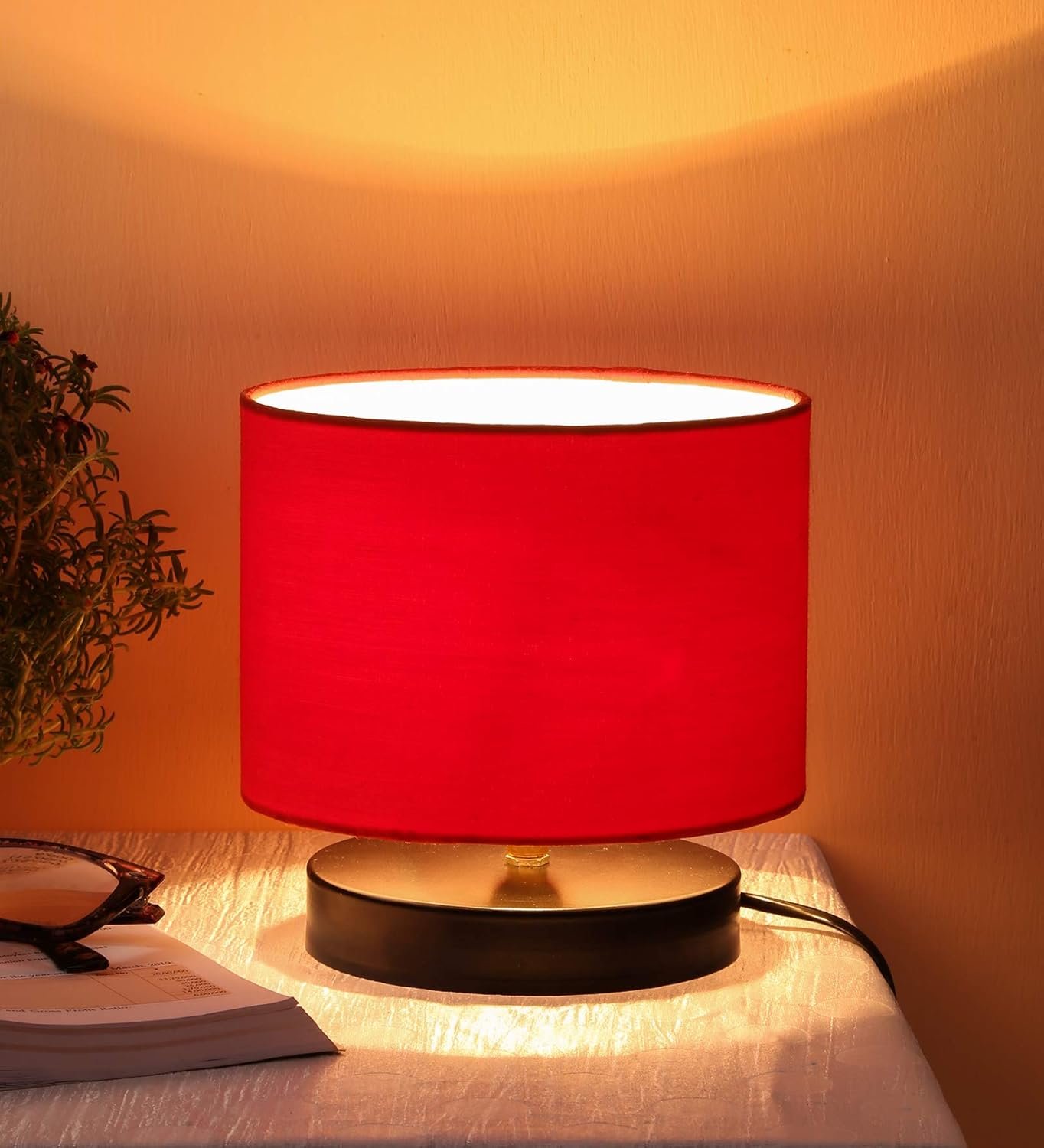 Red Cotton Shade Lamp with Black Wood Base for Decoration/Office/Home/Gifting/Study for Office/Home/Gifting -(7x7x7) Inches -