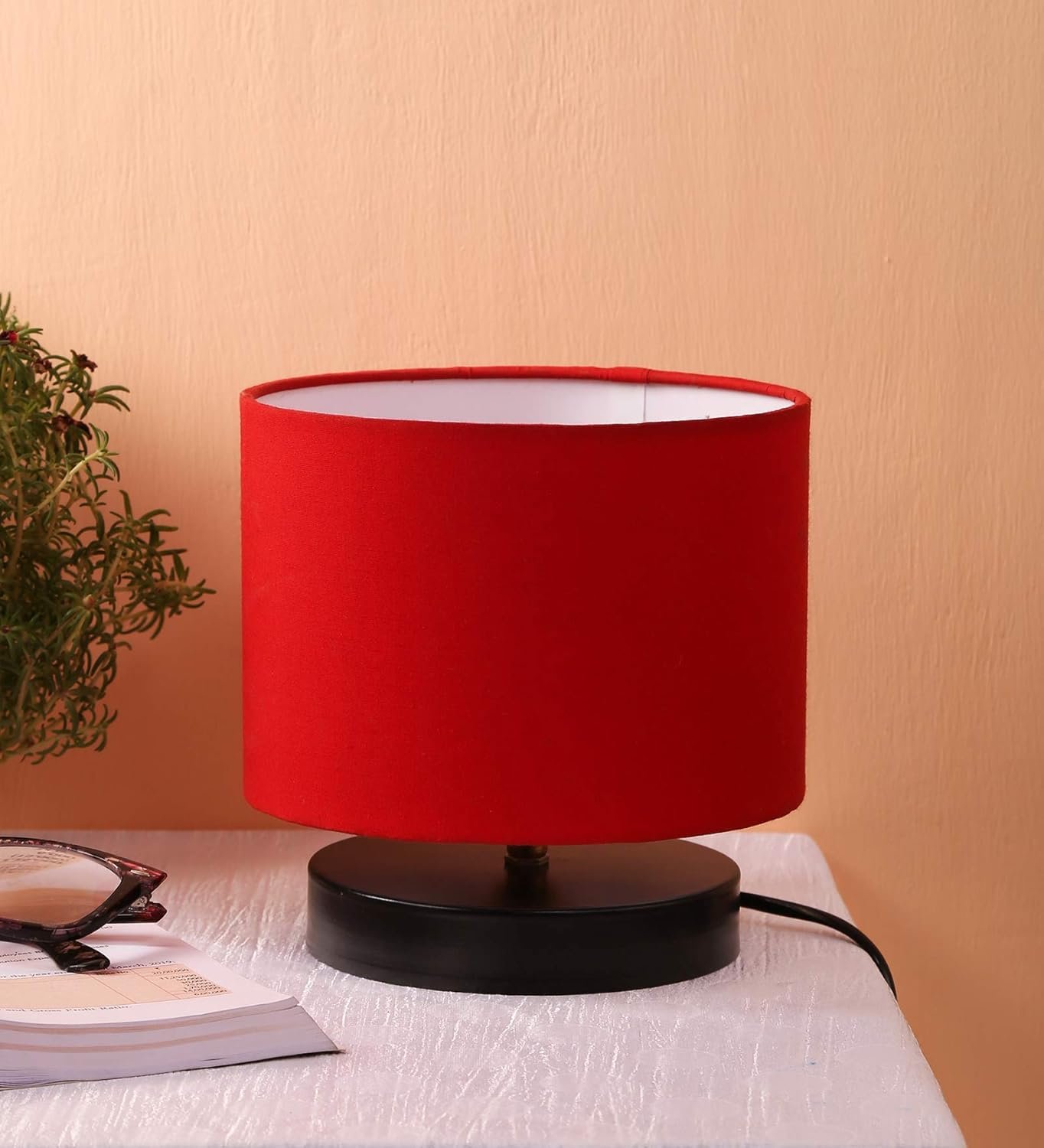 Red Cotton Shade Lamp with Black Wood Base for Decoration/Office/Home/Gifting/Study for Office/Home/Gifting -(7x7x7) Inches -