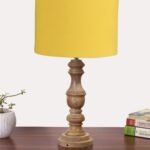 Yellow Cotton Shade Table Lamp with Wooden Base | Elegant Bedside & Desk Lamp for Living Room, Bedroom, Home Decor, Office & Gift | (Height 17.5 Inches, Without Bulb)