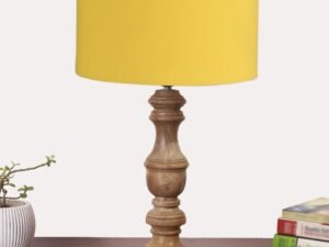 Yellow Cotton Shade Table Lamp with Wooden Base | Elegant Bedside & Desk Lamp for Living Room, Bedroom, Home Decor, Office & Gift | (Height 17.5 Inches, Without Bulb)