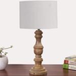 Grey Cotton Shade Table Lamp with Wooden Base | Elegant Bedside & Desk Lamp for Living Room, Bedroom, Home Decor, Office & Gift | (Height 17.5 Inches, Without Bulb)