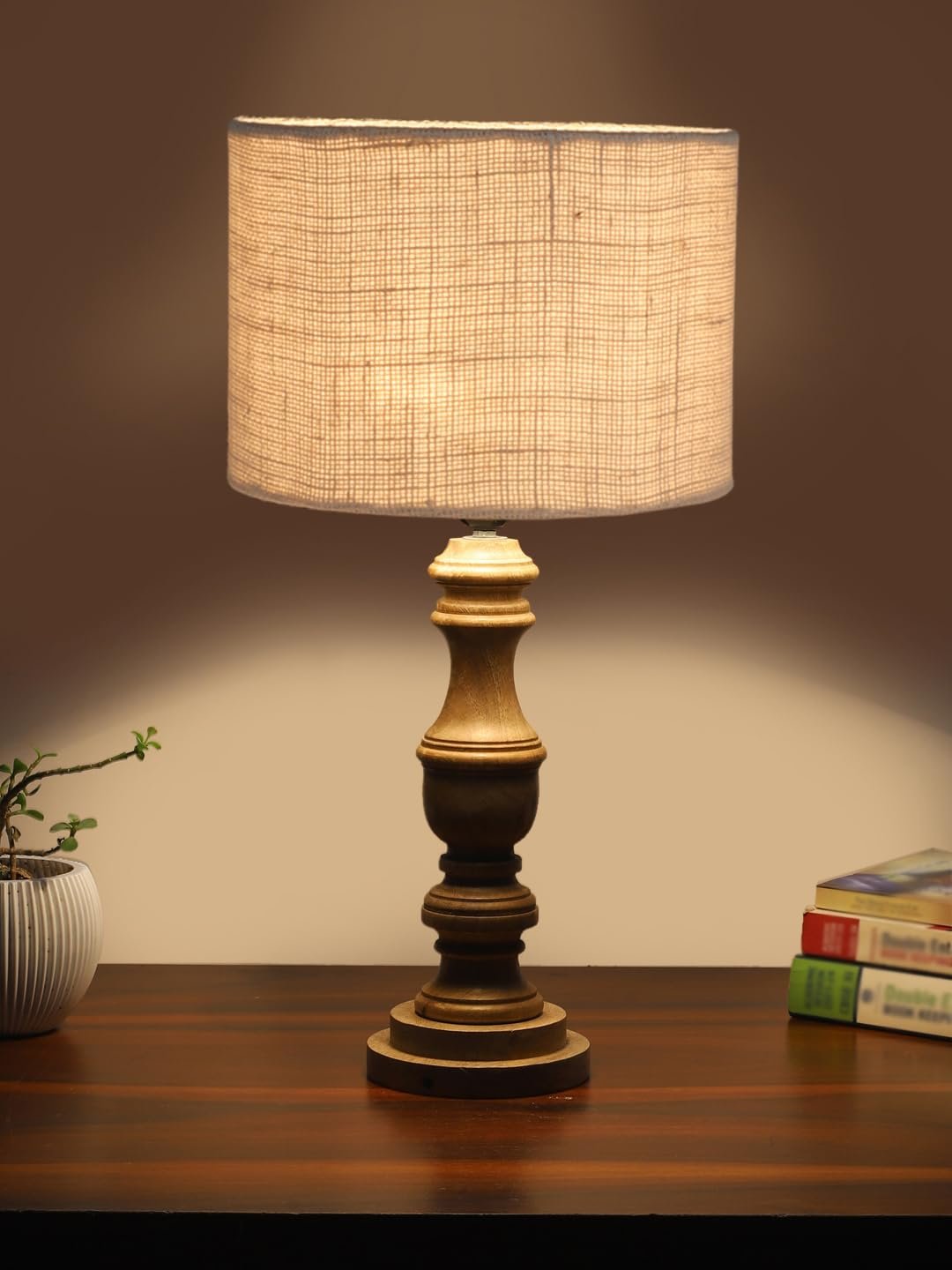 White Jute Shade Table Lamp with Wooden Base | Elegant Bedside & Desk Lamp for Living Room, Bedroom, Home Decor, Office & Gift | (Height 17.5 Inches, Without Bulb)